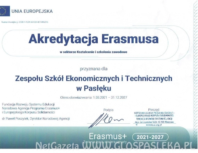 Certyfikat akredytacji – Program Erasmus+ na zagraniczne staże na długo zagości w ZSEiT