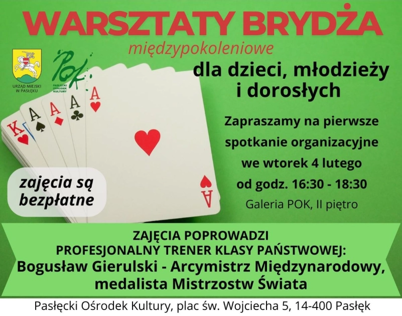 Bezpłatne międzypokoleniowe warsztaty brydża dla dzieci, młodzieży i dorosłych